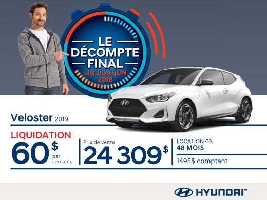 Ne manquez pas le DÉCOMPTE FINAL sur la Veloster 2019 chez Hyundai Magog!